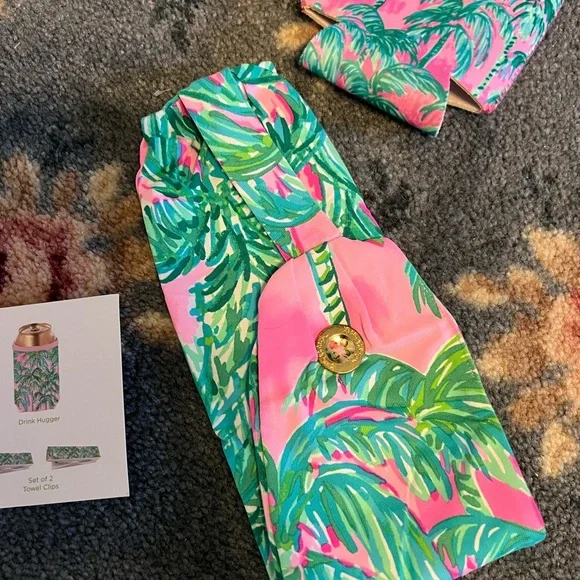 Lilly Pulitzer Pink and Green Palm Tree Suite View Beach Day Pouch and headband - Picture 4 of 6